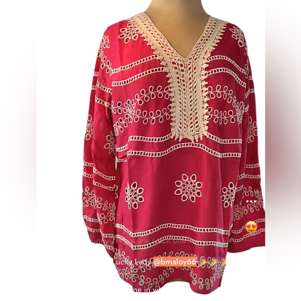 Sorrento Pink Crochet V neck Long Sleeve Tunic Top
